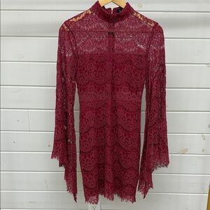Lulus Bewitching Babe Wine Lace Bell Sleeve Dress Small